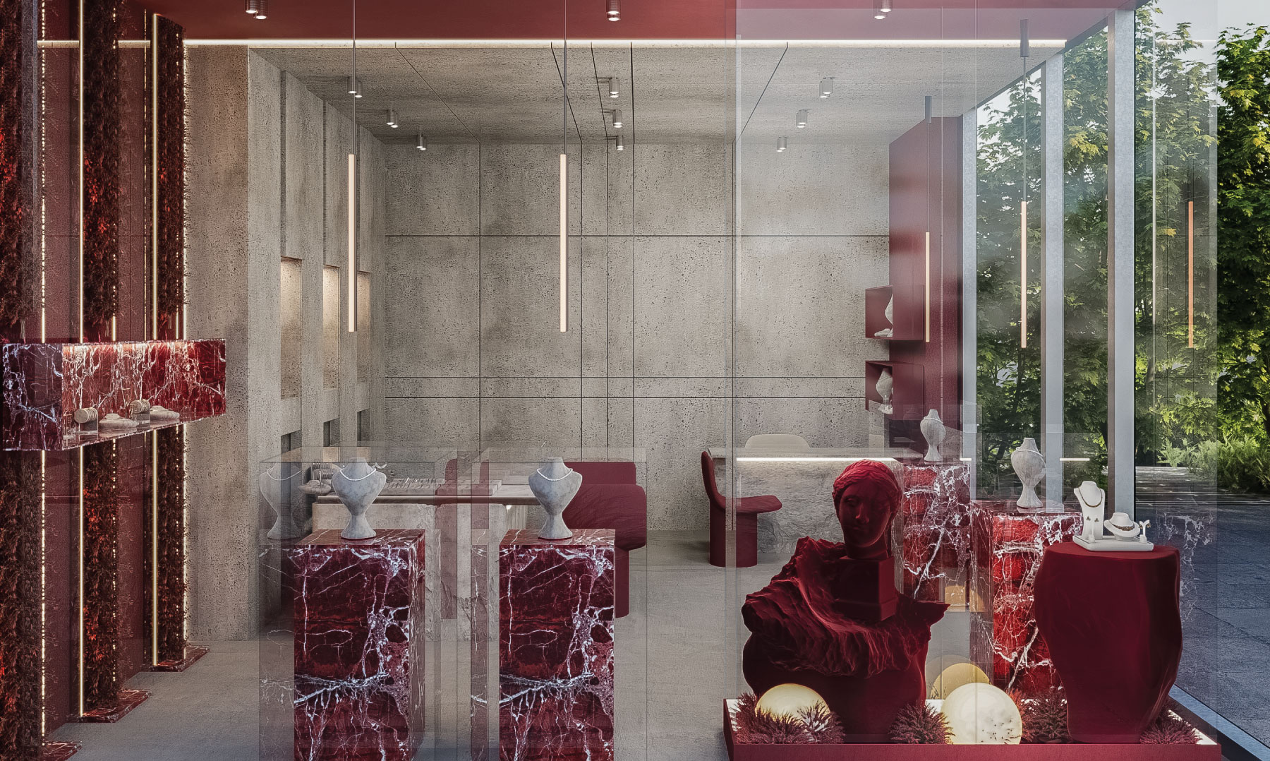 Burgundy cabinetry with vanity display