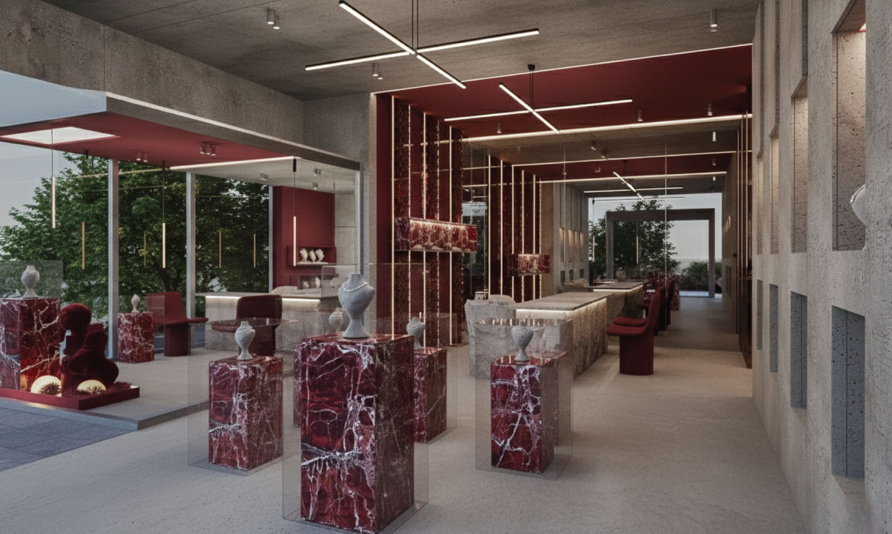 Open floor with red sculptural installations