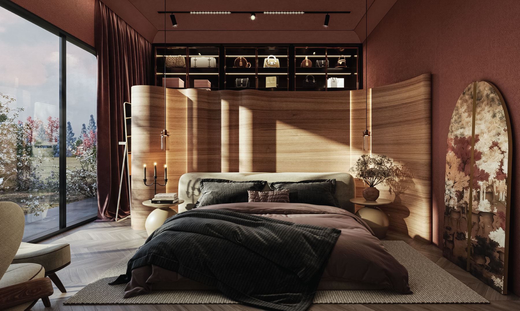 Master bedroom with large windows overlooking landscape