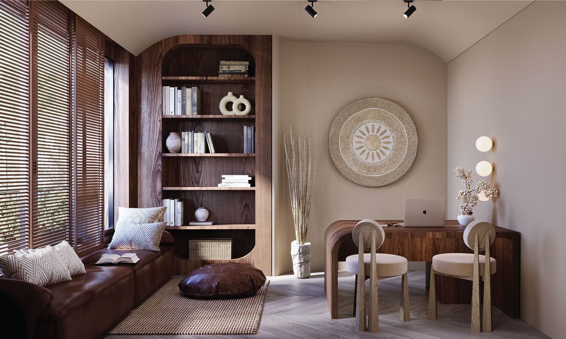 Home office with shelving and workspace design