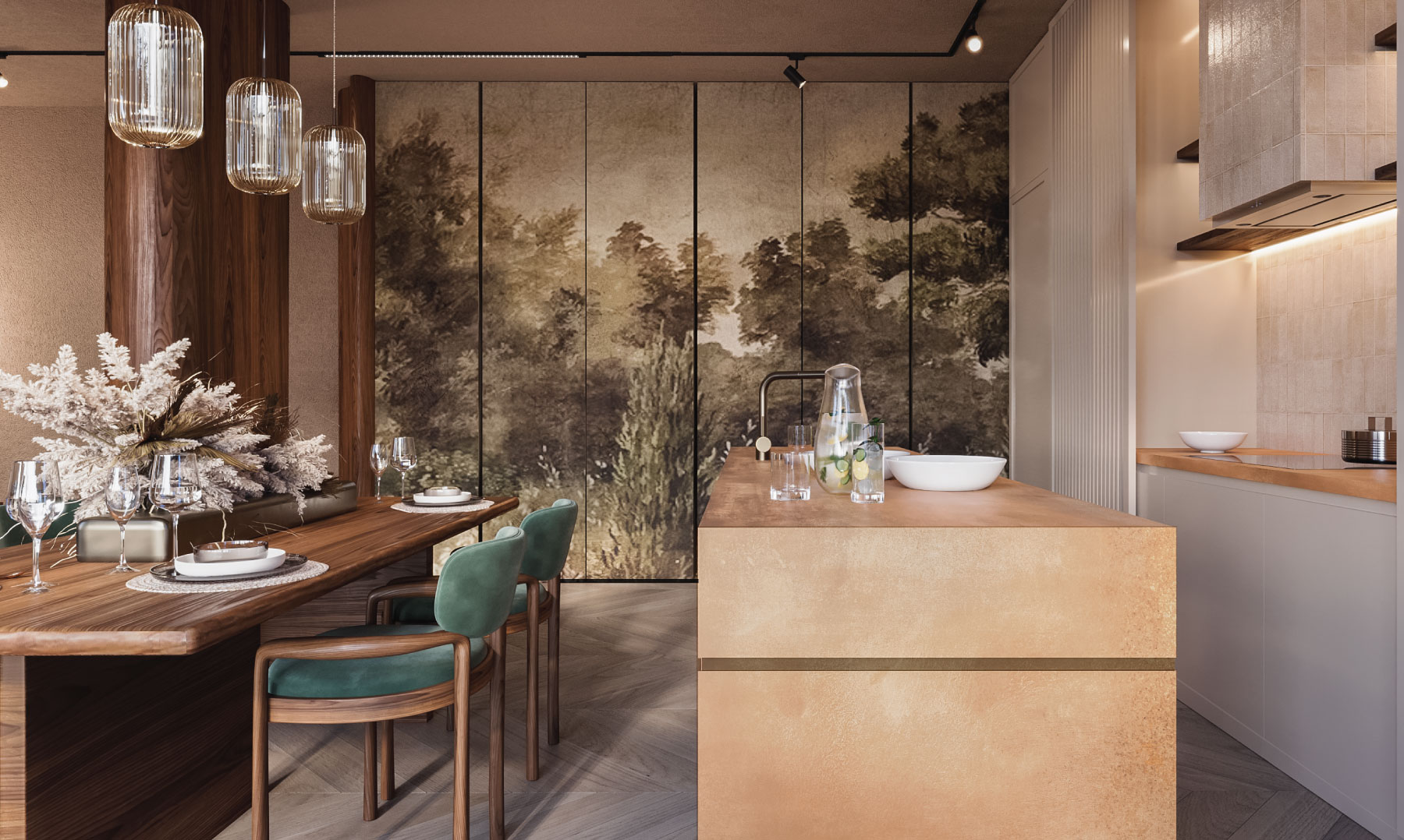 Kitchen and dining area with warm wood finishes