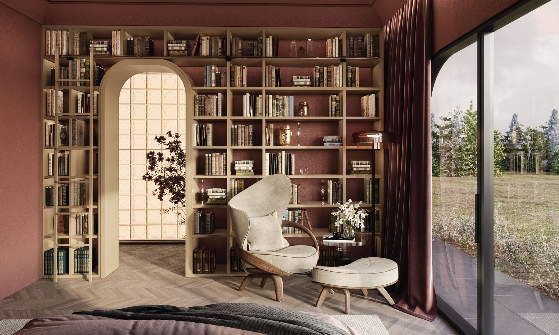 Library with bookshelf and forest view