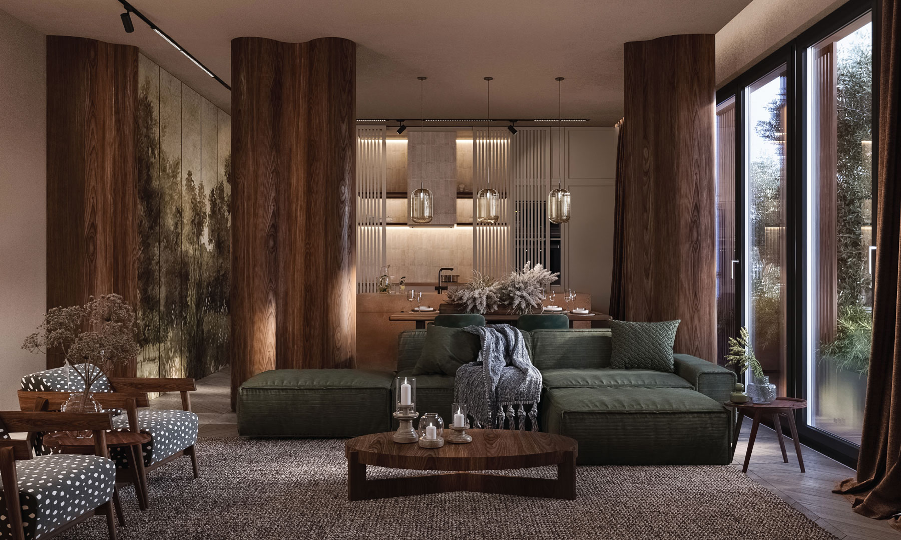 Living area with green seating and natural light